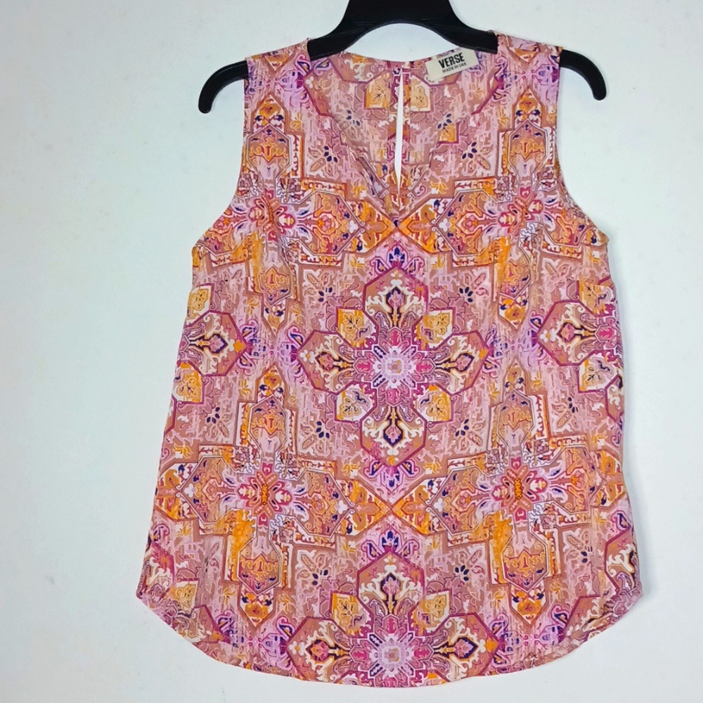 Verse Jory Split Pink Multicolored Boho  V-Neck Sleevless‎ Women's Top | Size: M